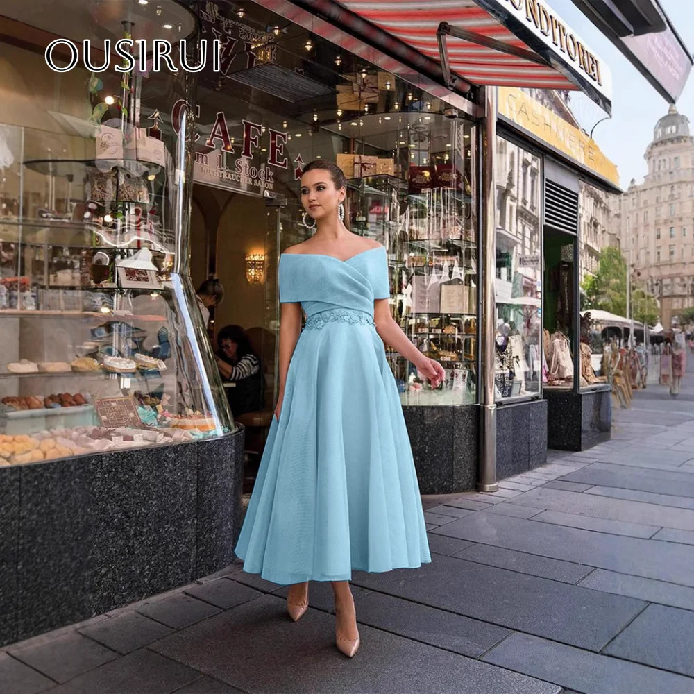 

Off Shoulder A-line Appliques Homecoming Gown Sleeveless Corset Ruffled Tea Length Customized платье на выпуск
