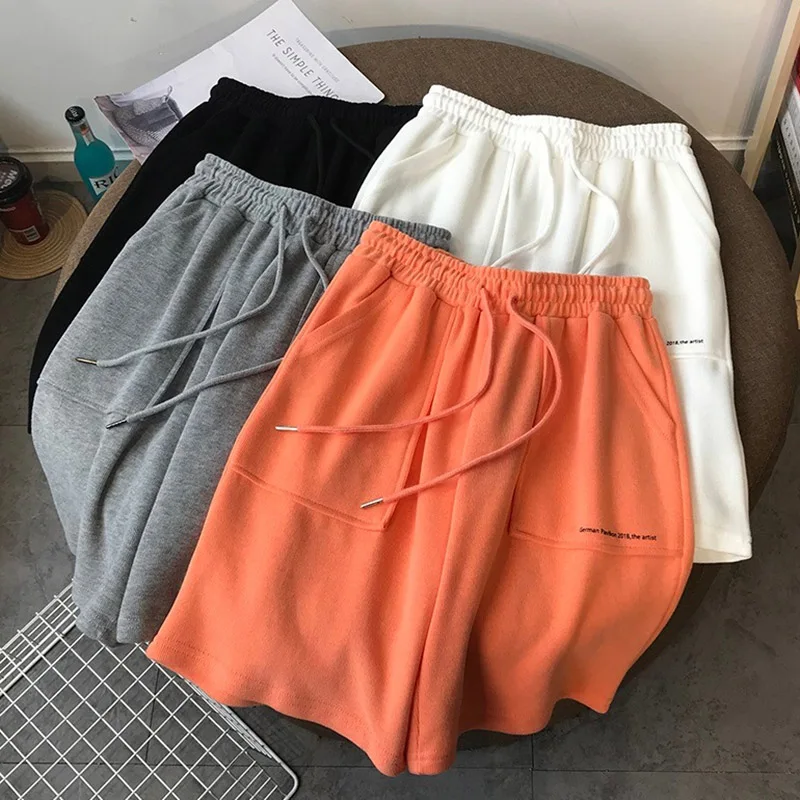 2024 New Women Summer Fashion Orange Red Sports Shorts Lady Comfortable Baggy Wide Leg Slacks Female Leisure High Waisted Pants