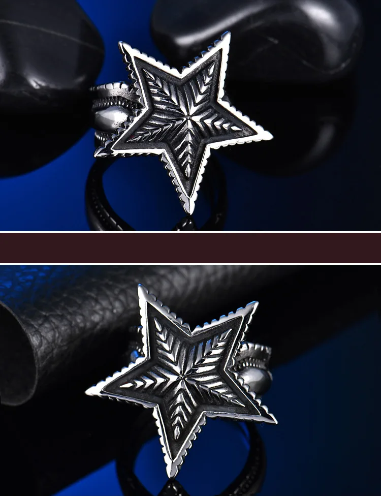 European and American hip-hop personality punk trend retro jewelry star ring index finger open pentagram 925 sterling silver rin