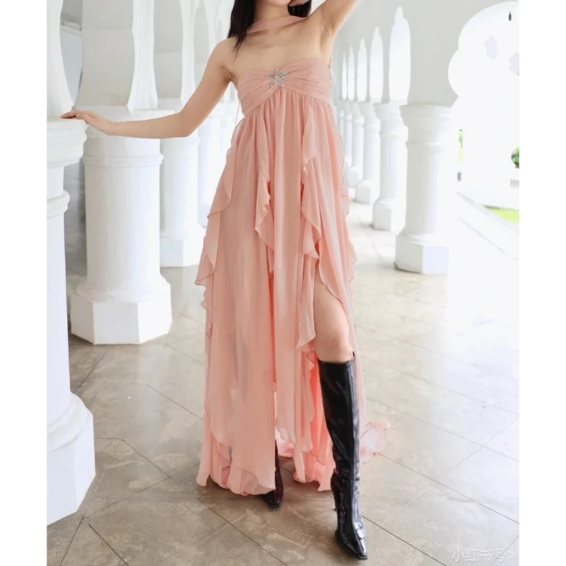 Women Summer Boho Sleeveless Choker Halter Rhinestone Starfish Decor Backless Irregular Ruffled Hem A-line Long Dress