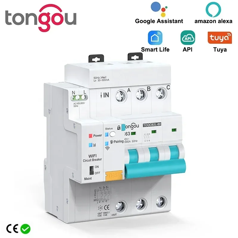 API tuy WiFi RCBO Metering Circuit Breaker Smart Life Timer 2P 3P 4P Remote Control Automatic Wireless  Switch TONGOU