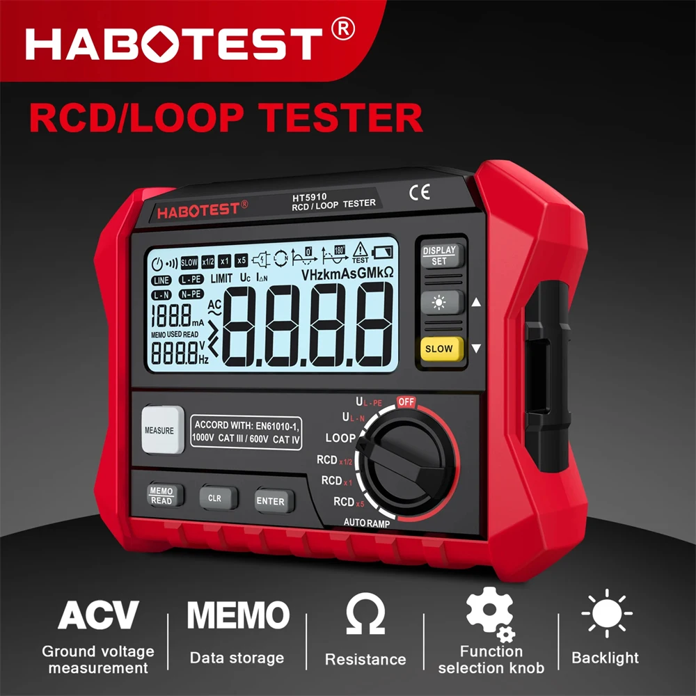 HABOTEST HT5910 Resistance Meter RCD Loop Tester Ohmmeter Loop Resistance RL Current Test Voltmeter Frequency Digital Megometer