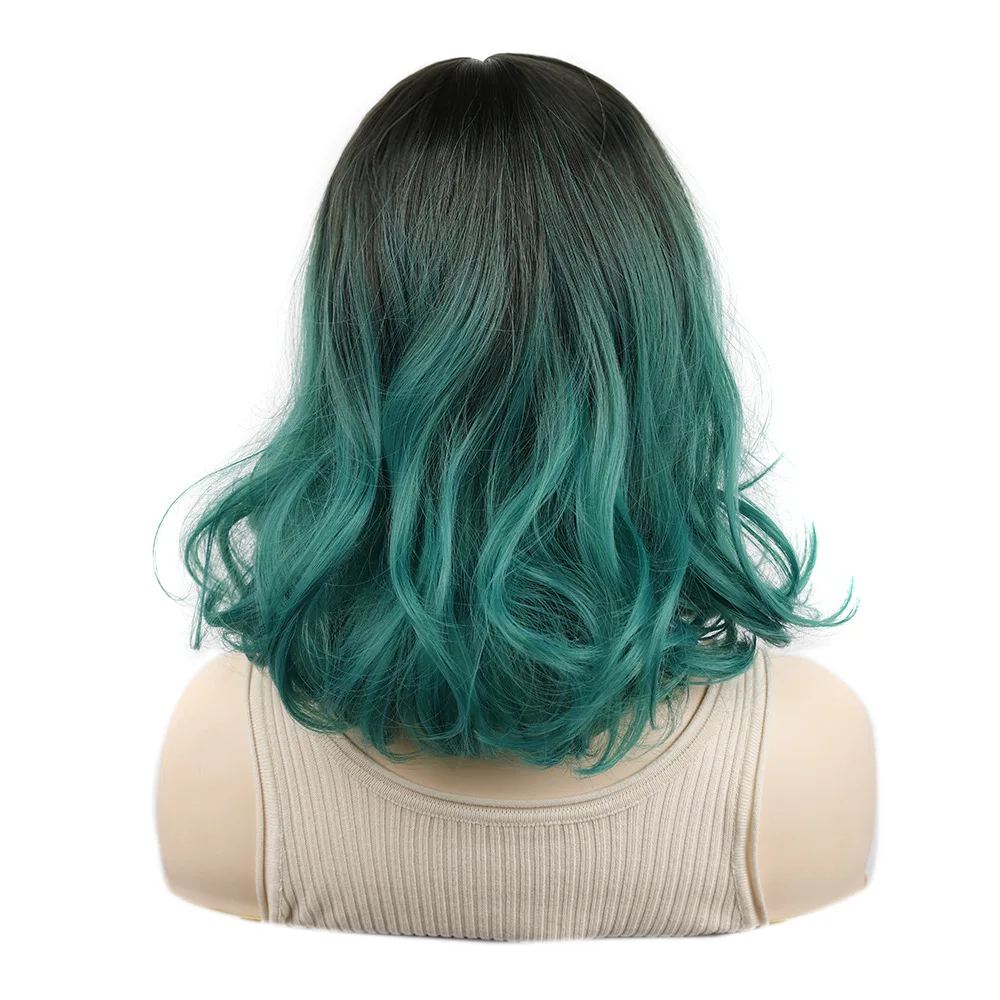 Zolin Ombre Green Short Bob Wig with Bangs Black Root Teal Green Loose Wave Synthetic Curly Wig for Women Daily Party