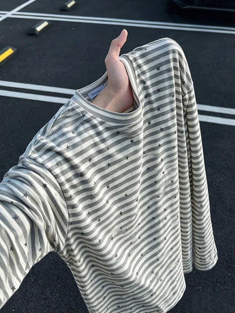 Lierse Lightweight Long Sleeve T-Shirt Men's Loose Fit Autumn Thin Star Stripe Base Shirt Casual Style round Neck Top
