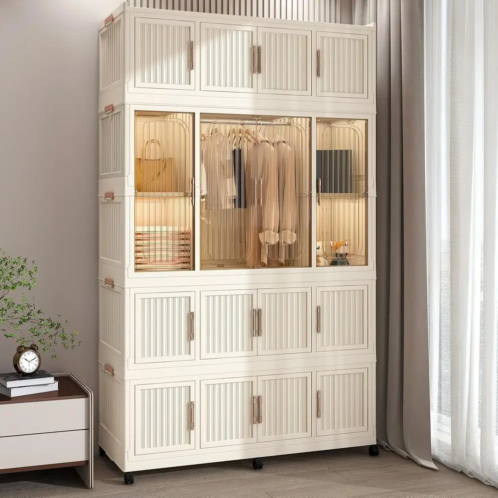 

Large Collapsible Plastic Wardrobe Organizer with Wheels, 13 Shelves, Hanging Rod, and 6 Hangers