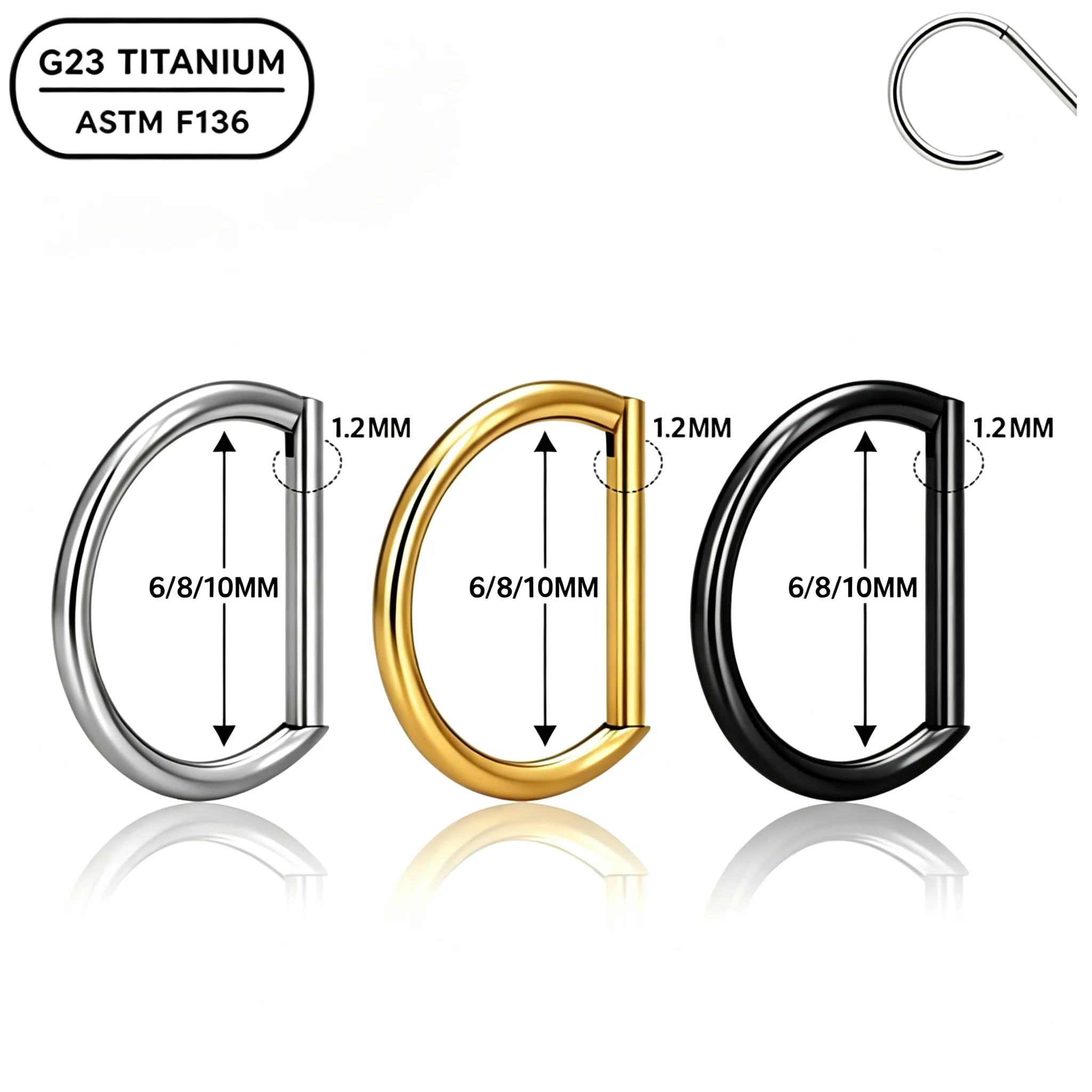 1PC G23 ASTM F136 Titanium 16G D Shape Hinged Segment Clicker Nose Ring CZ Cartilage Tragus Helix Piercing Earrings Body Jewelry