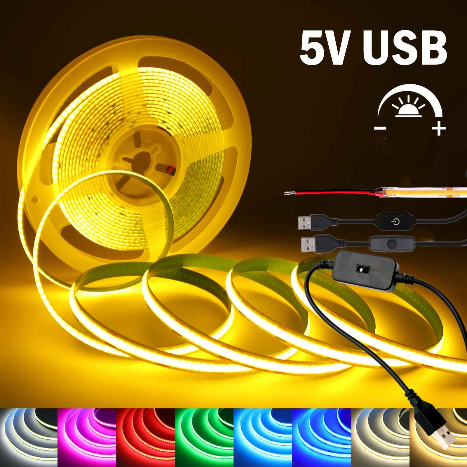 DC 5V USB COB LED Strip Lights 320LEDs/m 2Pin Wire/Touch Sensor/Hand Sweep Dimming Flexible Ribbon Tape DIY Night TV Backlights