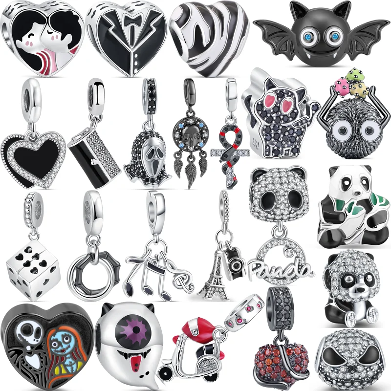 

2024 New 925 Silver Panda Skull Bat Cat Tower Camera Heart Black Series Beads Fit Original Pandora Charms Bracelet Women Jewelry