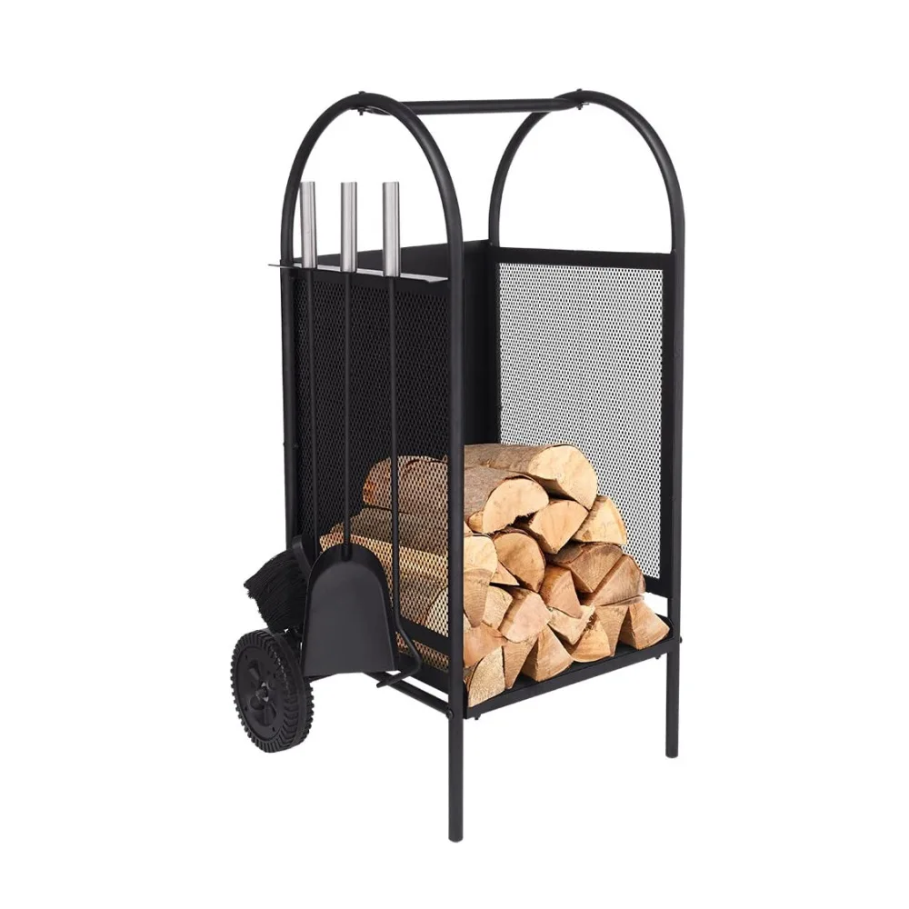 

Wrought iron wheel firewood fire rack with tools four-piece set indoor and outdoor movable firewood rack log storage rack firewo