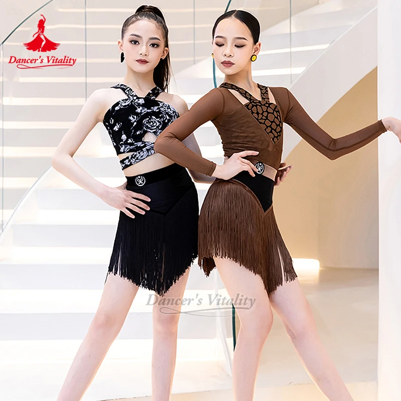 Latin Long Sleeves Outerwear+Sleeless Tops+Tassels Skirt Practise Sets Teenager Chacha Samba Training Clothing Dancer's Vitality