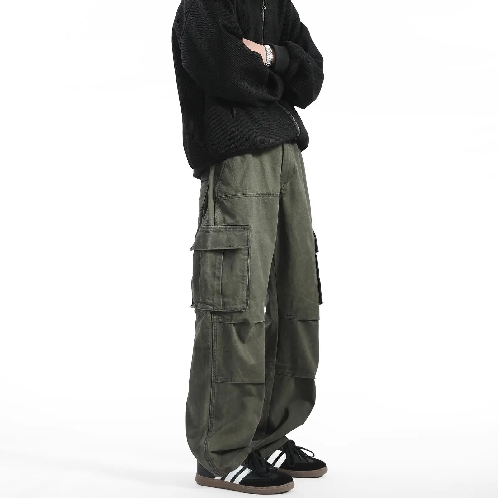 American Retro Multi-pocket Work Pants Men Loose Pleated Trousers
