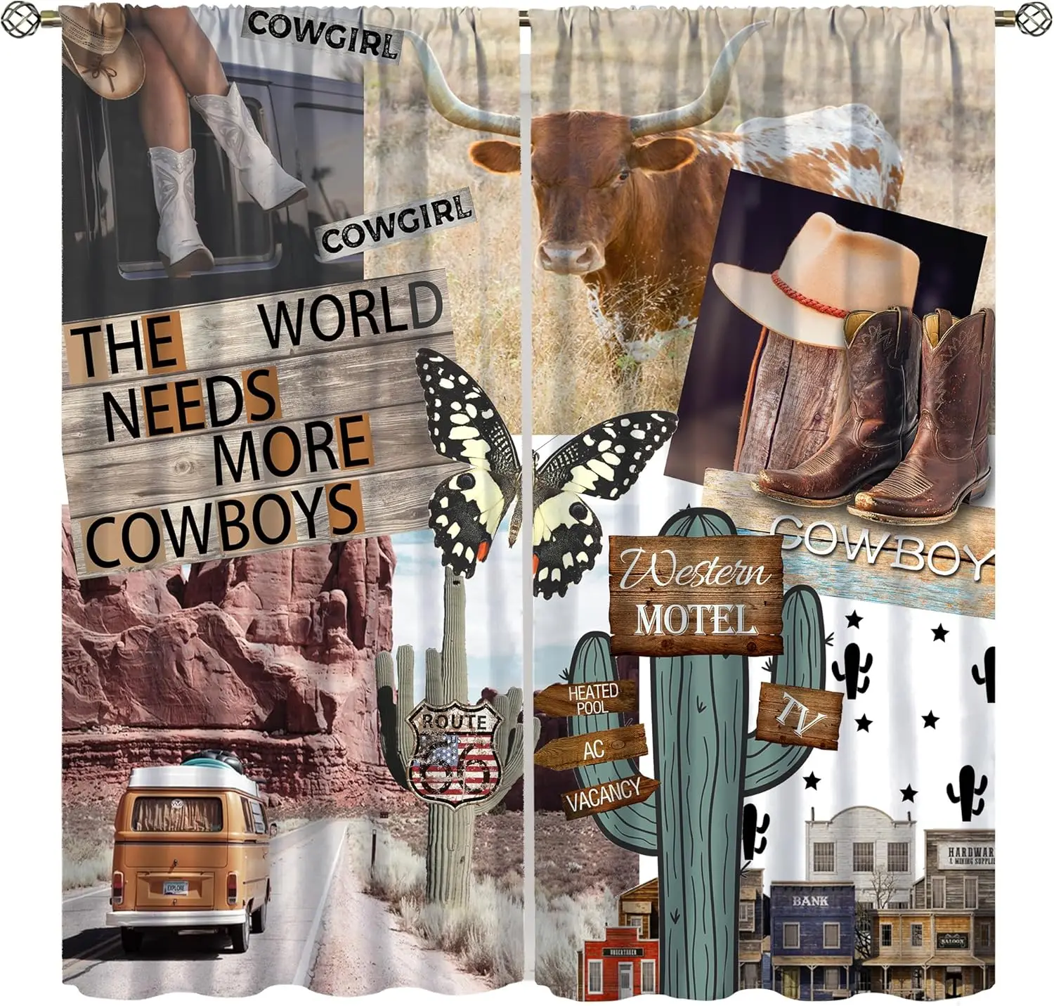 Western Curtains Boys Funny Rustic Farmhouse Cow Butterfly West Desert Cactus Cowboys Cowgirl Aztec Window Treatment for Kids