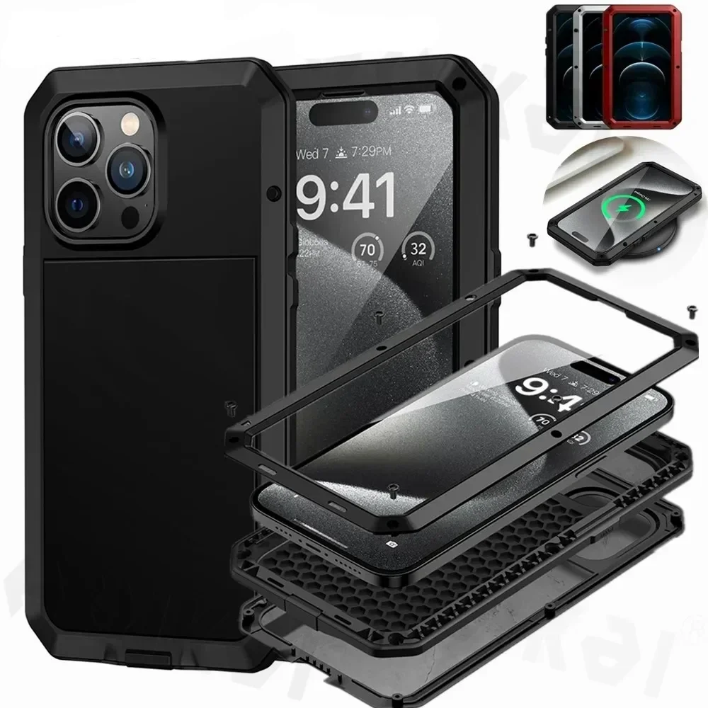 360 Full Body Protective Case For iPhone 15 14 13 12 11 Pro XS MAX XR 7 8 6S Plus Metal Bumper & Glass Screen Shockproof  Cover