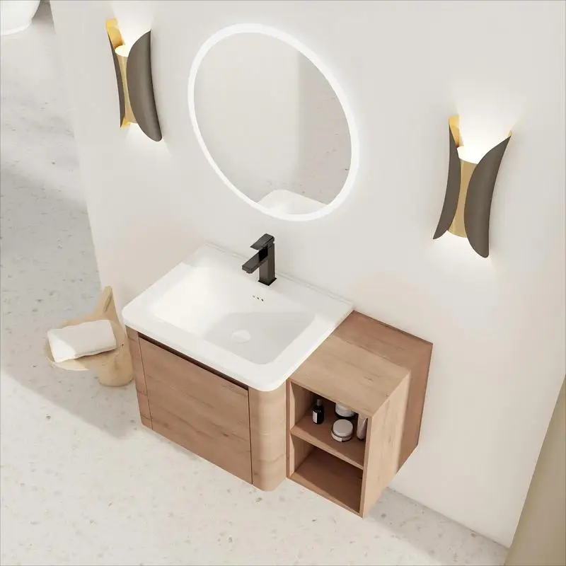

36" Wall-Mounted Bathroom Vanity with White Ceramic Sink and Shelves, Soft-Close Door, KD Packing, Plywood Construction