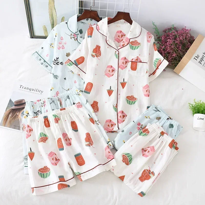 Three-piece Japanese-style pajamas women spring and summer autumn 100% cotton gauze short-sleeved shorts trousers summer suit ho