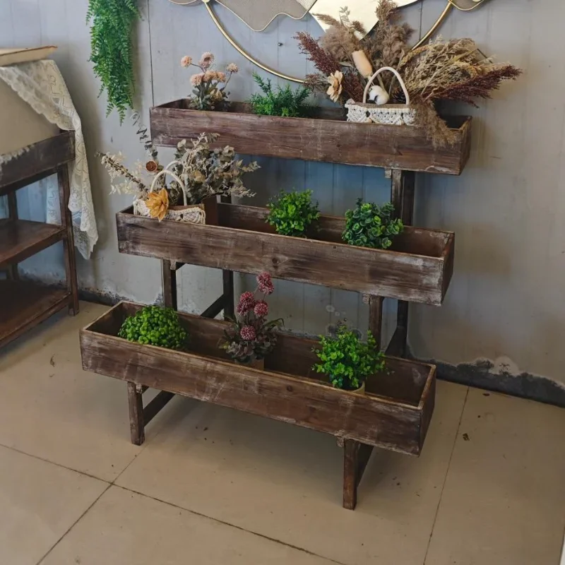 Carbonized Fir Wooden Tiered Plant Stand Outdoor Garden Planter Box Multi Layer Flower Shelf  Balcony Courtyard Strawberry Pot