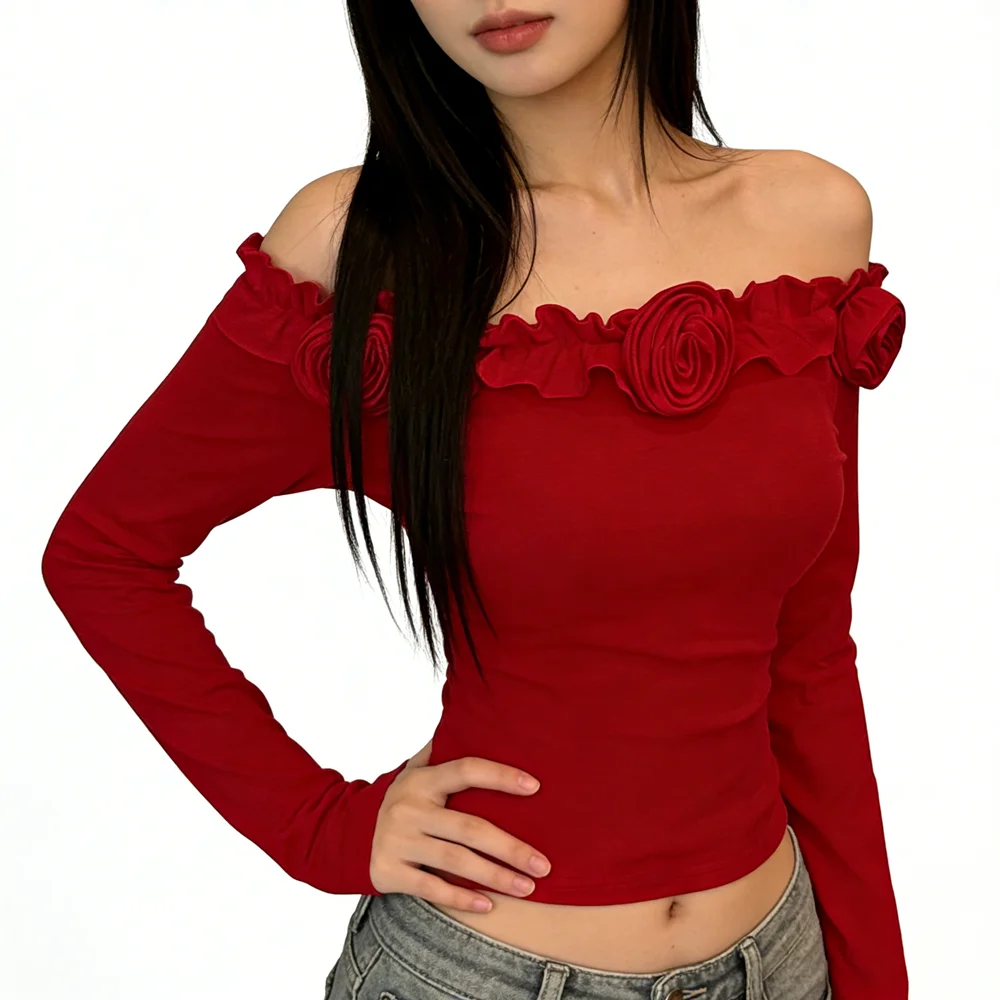 2026 Spring Summer Korean Slash Neck Slim Tshirt Off Shoulder Fashionable Folds Collar T-shirt 3D Floral Applique Sexy Tee Shirt
