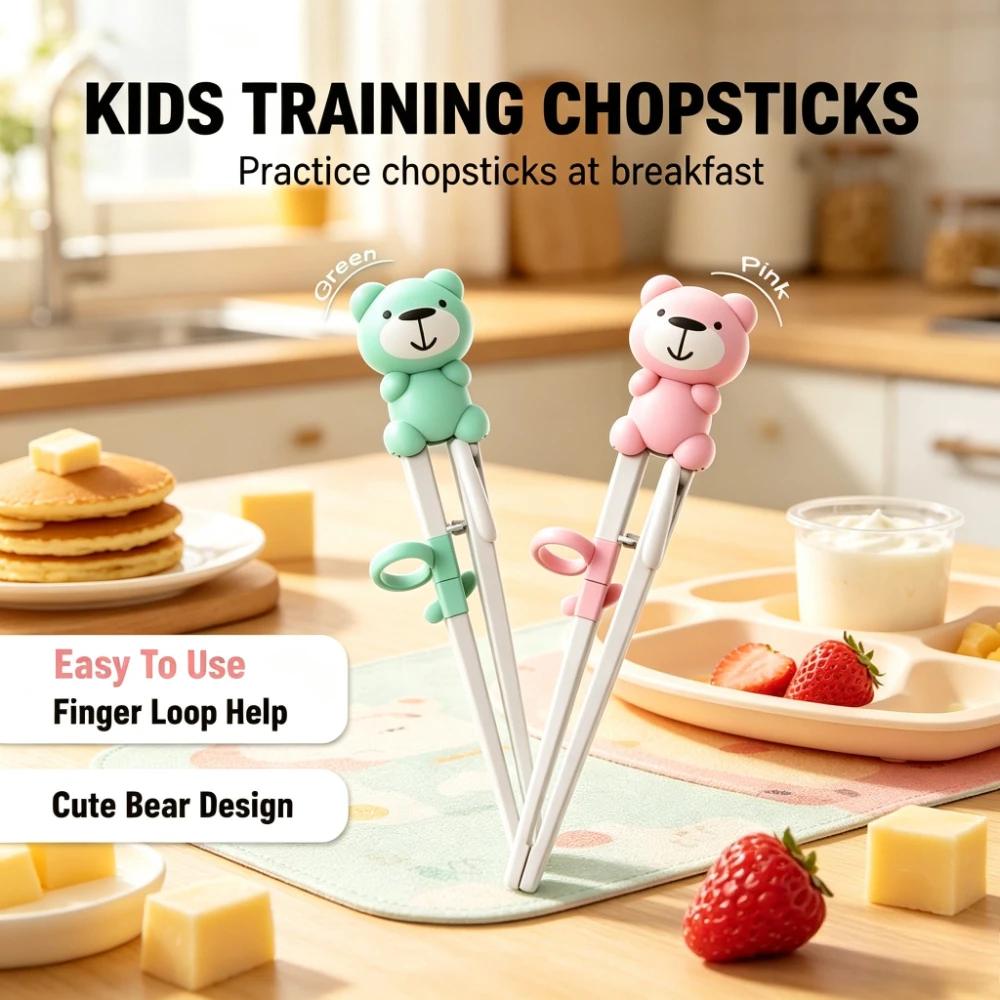 Cute Bear Training Chopsticks Set | Ergonomic Finger Loop Design for Easy Grip — Toddler Self-Feeding Practice Utensils & Safe Dining Gift