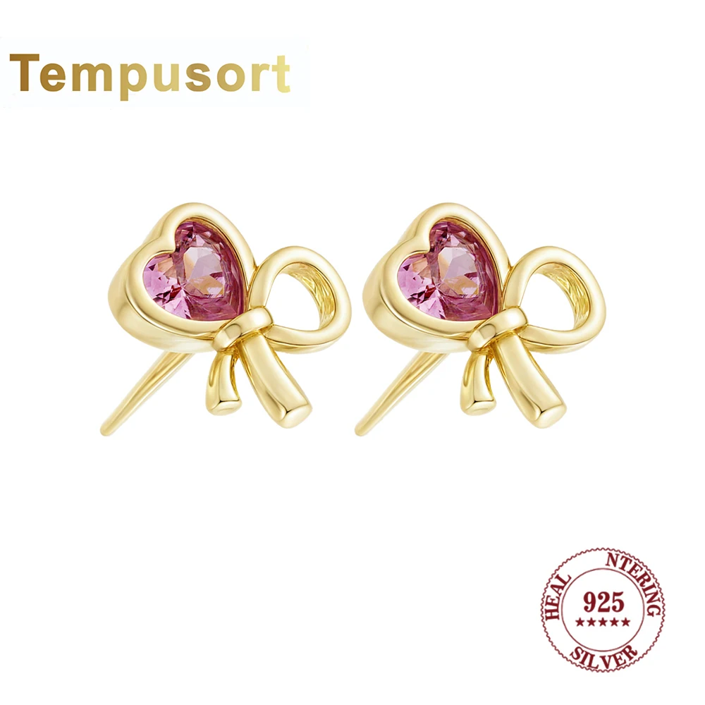 

Tempusort серьги-гвоздики из стерлингового серебра 925 пробы в форме сердца с розовым цирконом и инкрустацией в виде банта для женщин, модные милые стильные украшения