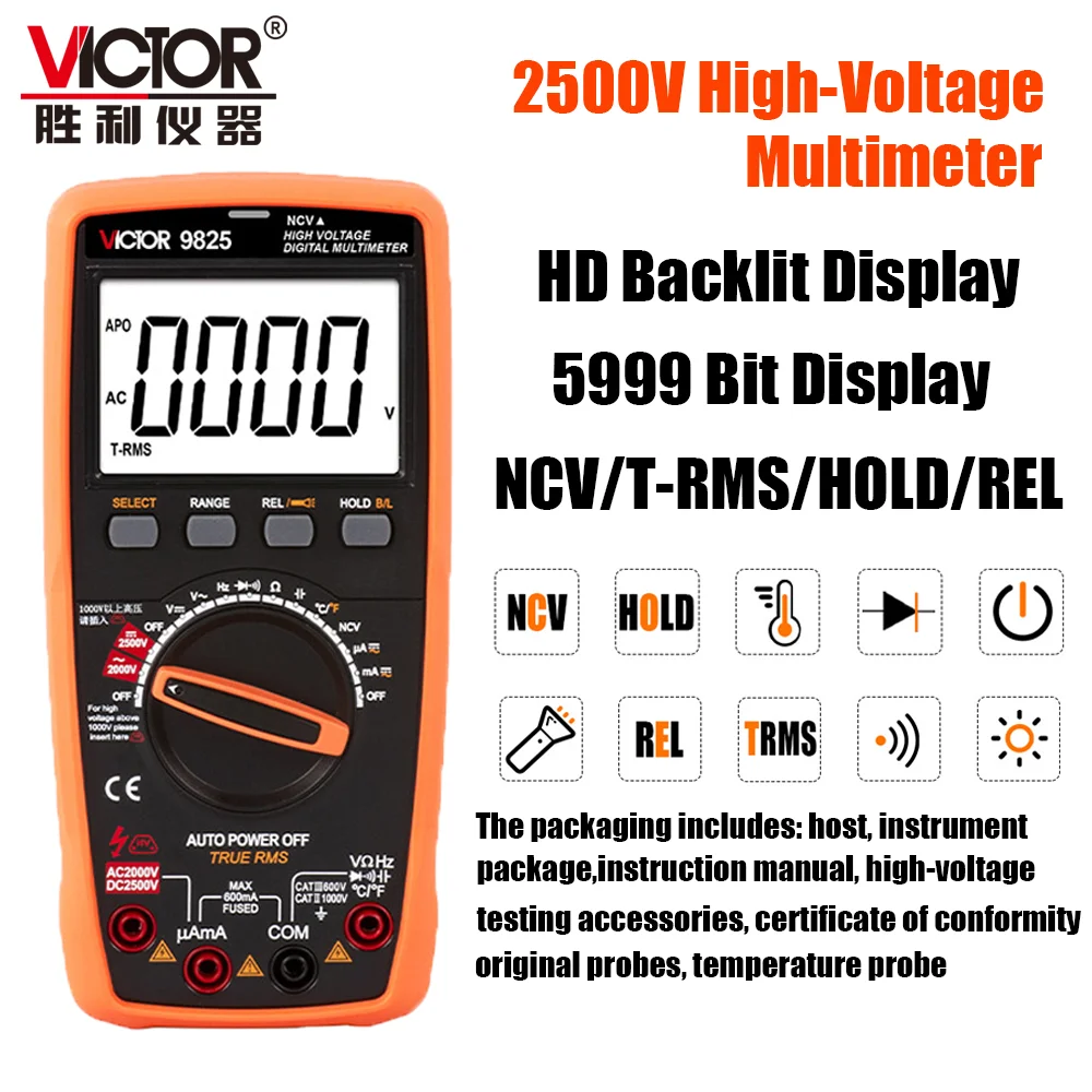 New Victor 9825 2500V High-Voltage Multimeter 5999Counts HD Backlit Display NCV/T-RMS/REL Multi-functional Efficient Tester