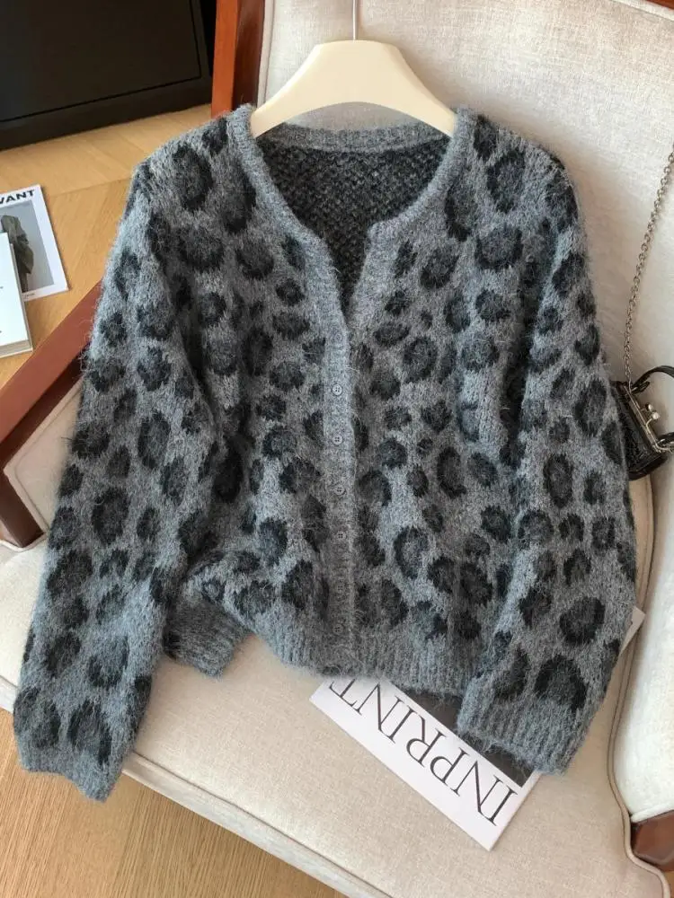 

Осень-зима однобортный универсальный трикотаж короткие топы Y2k винтажный модный женский кардиган с леопардовым принтом и длинными рукавами свитер