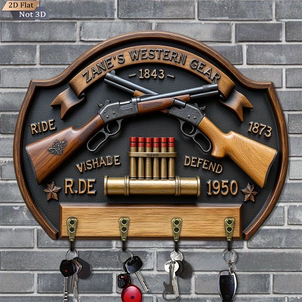 Retro Stylish Western Double-gun Design Key Rack 2D Wooden Multi-functional Kitchen Home Entrance Decoration Gun Enthusiast