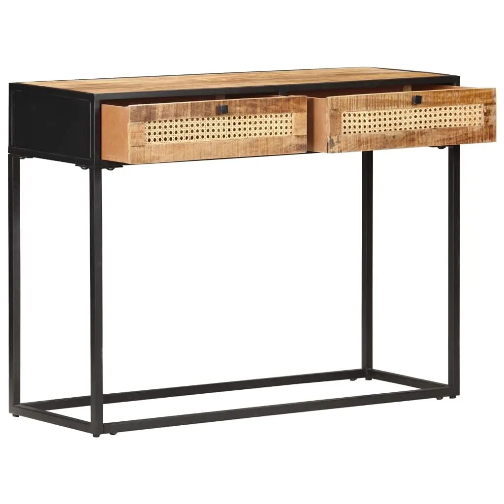 #Square Dining Console Dressing Side Table Solid Mango Wood & Cane Entryway Hallway Living Room Bedroom Sofa