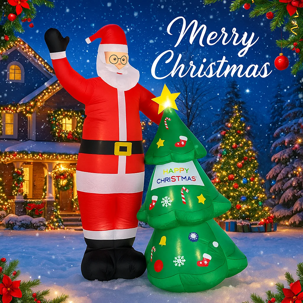 8.2FT Illuminazione natalizia LED Gonfiabile Natale Babbo Natale Albero di Natale Set Giocattolo Cortile Decorazione per feste Ornamento per la casa Forniture per le vacanze