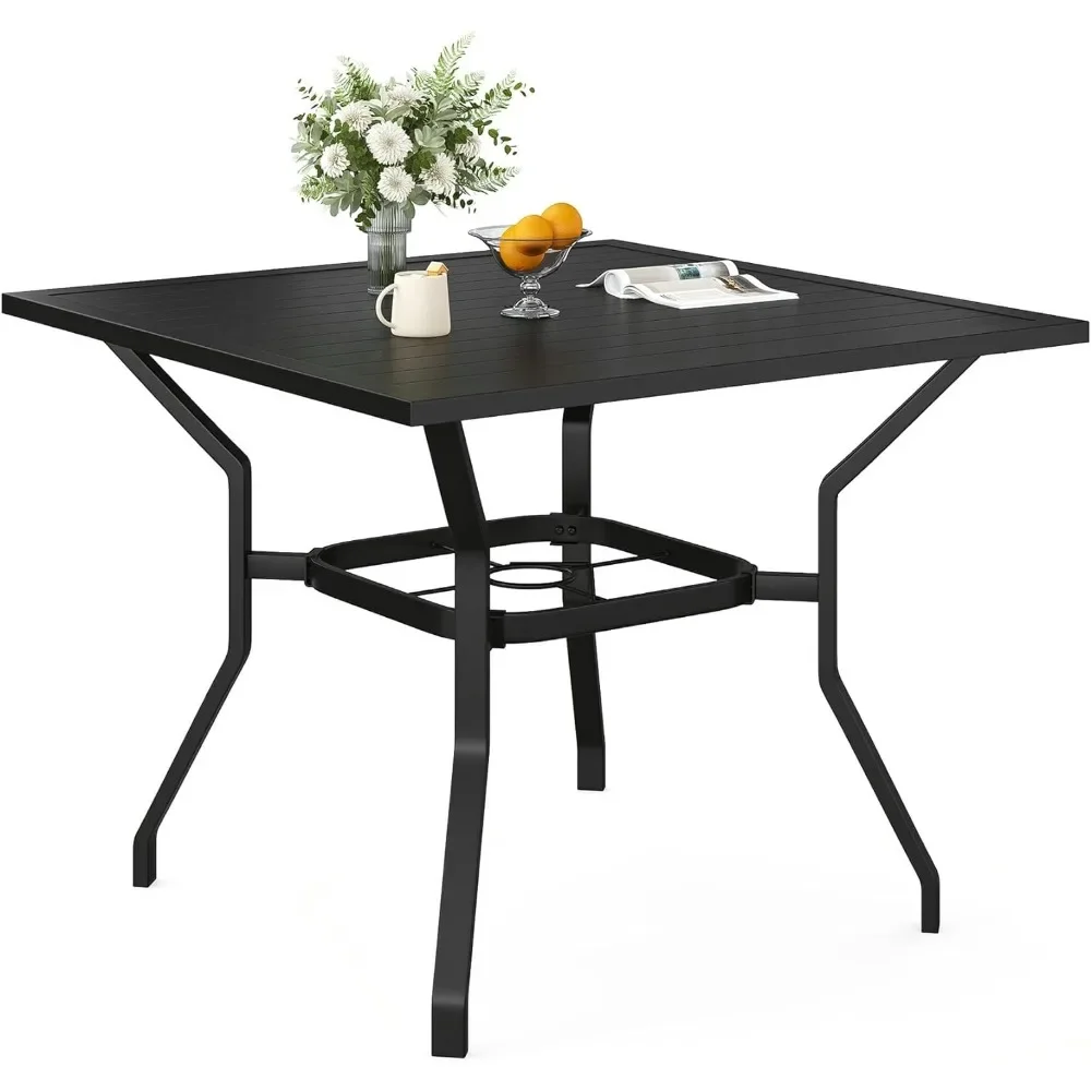 

37" Metal Patio Square Outdoor Dining Table Black with Umbrella Hole