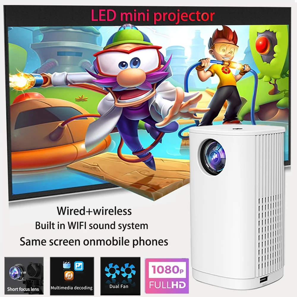 ﻿ T1 Mini Convenient Projector Wireless Network Bluetooth 1080P4K Ultra HD 1080P Home Theater Supports USB Mini Projector Movies