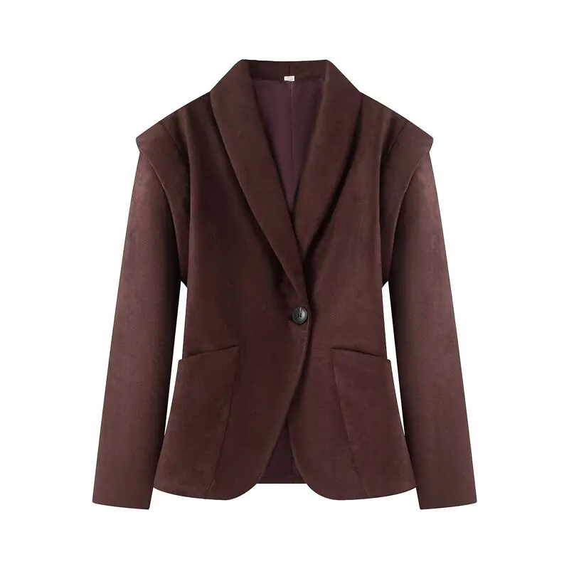

Autumn 2025 Women's Suede Material Slim Fit Versatile oulder Pad Suit Jaet Long Sve Casual Sle One Button Closure