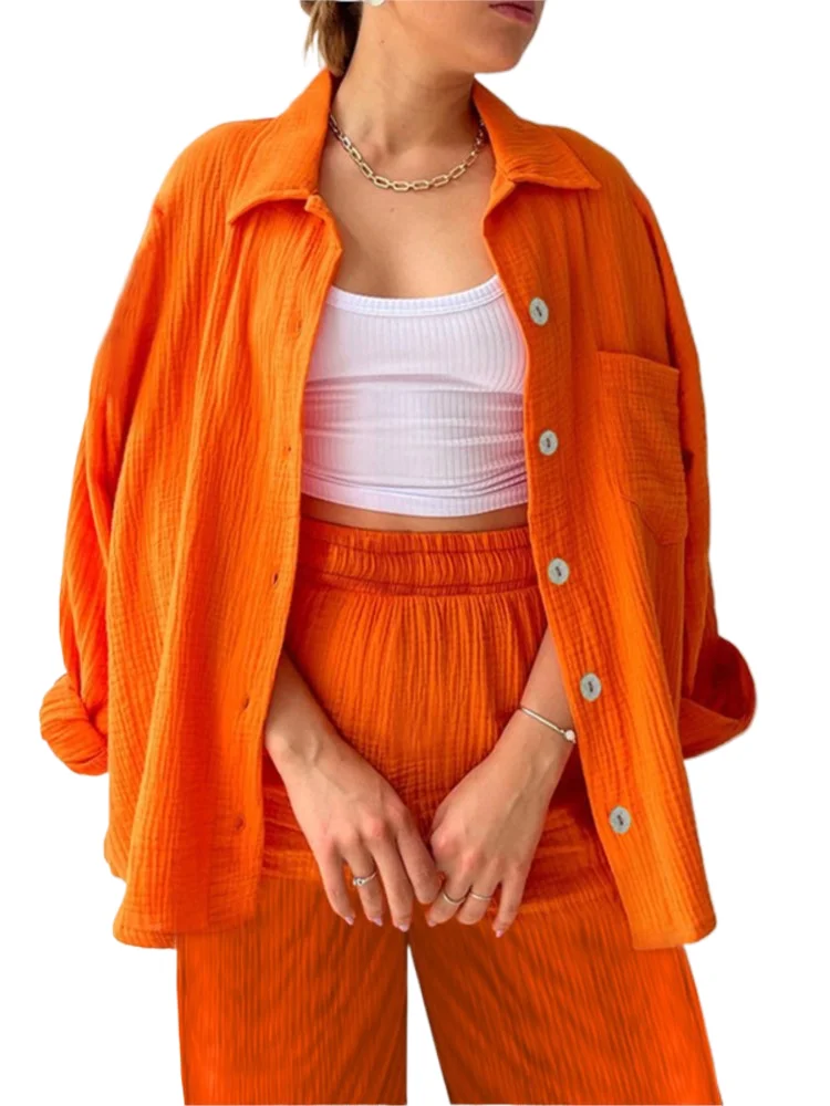 

Folds Solid Color Autumn Two Piece Set Women Long Sleeve Shirts Trouser 2 Piece Sets Fashion Casual Lady Suit Commuting Clothing