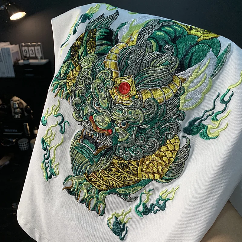 وسيم مطرزة تي شيرت مطبوع للرجال الصيف سليم صالح نصف كم موضة النمط الصيني عادية مستديرة الرقبة الراقية