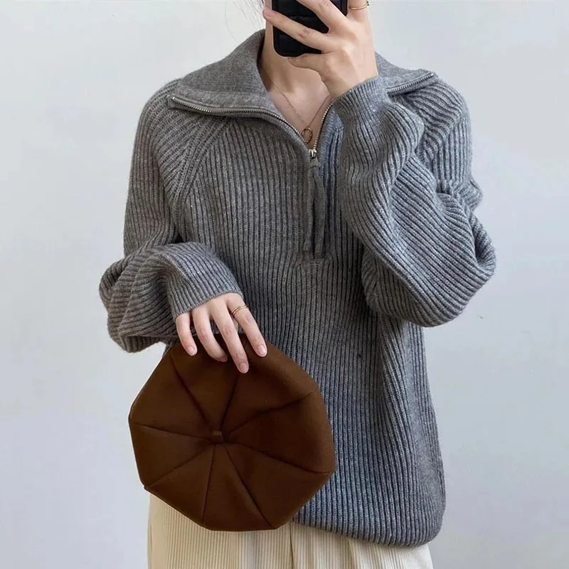 Women Autumn Winter Loose Long Sleeve Knitted Sweater Korean Fashion Half Zipper Turn-down Collar Pullover Sweater Casual Tops