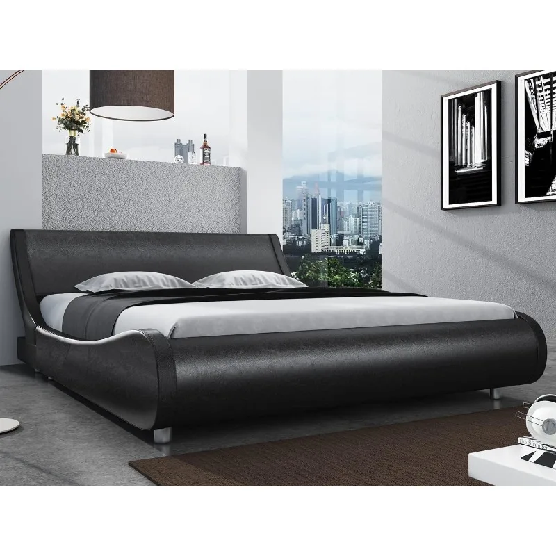 

Modern Low Profile Platform Bed Frame Queen Size, Stylish Faux Leather Upholstered Sleigh Bed with Adjustable Headboard, Black