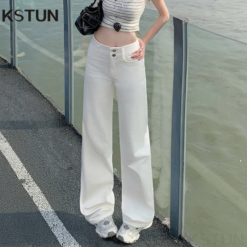 KSTUN 2026 Stretch Witte Jeans Dames Hoge Taille Double-Breasted Jeans Rechte Pijpen Denim Broek Casual Veelzijdige Lange Broek