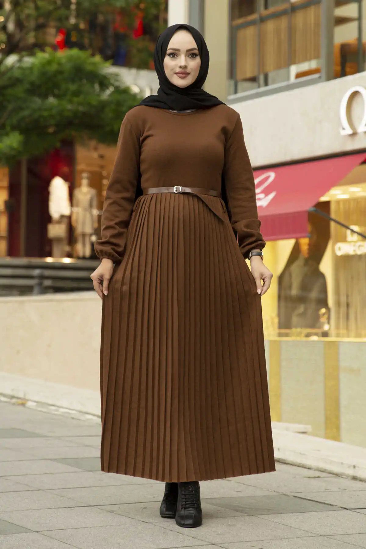 ; Pleats Knitwear Hijab Dress Coffee Winter Autumn 2021 Muslim Women Hijab headscarf islamic Turkey