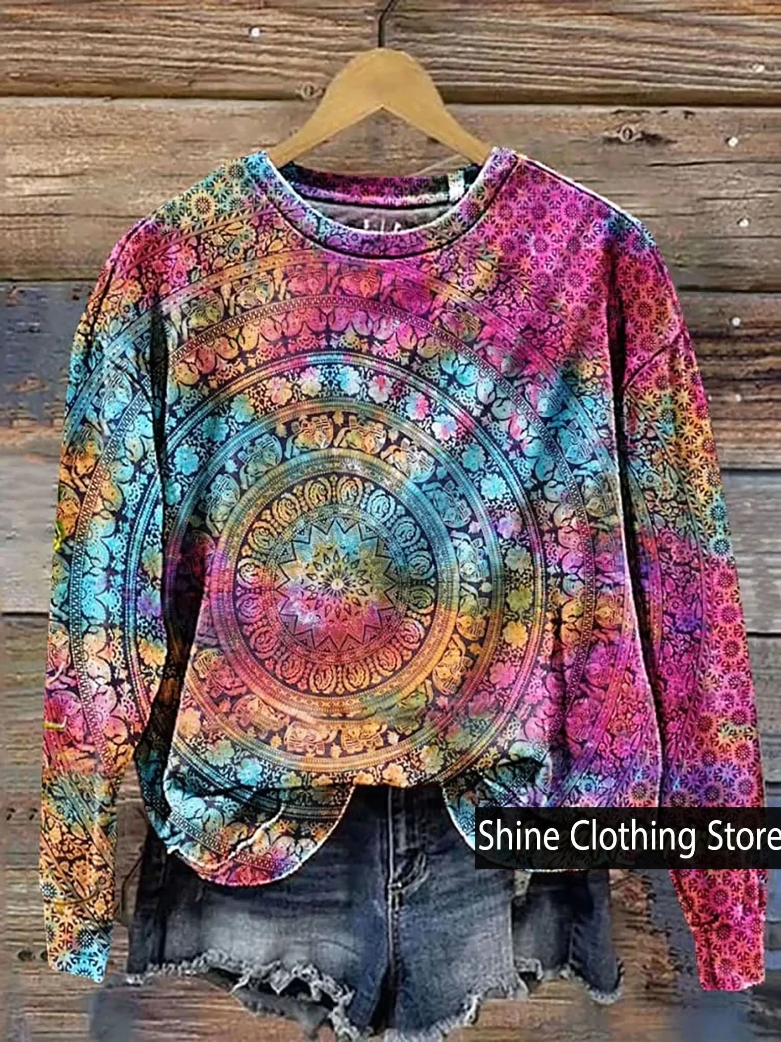 New Arrivals Vintage Boho Art Print Casual Sweatshirt for Women O-Neck Comfortable T-Shirt Size S To 5XL