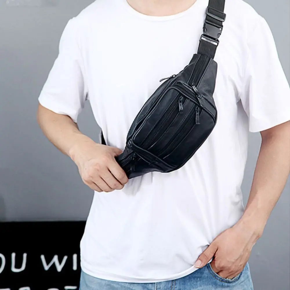 

Real Genuine Leather Men's Waist Bag Cowhide Male Zipper Fanny Pack for Site Workers Travel Phone Bag Large Capacity Waterproof