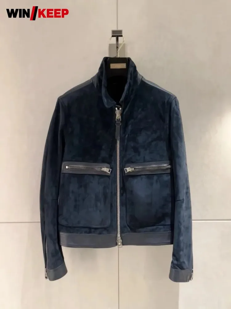 Business Casual Office Men Genuine Leather Jacket Spliced Design Sheepskin Suede Short Pilot Coat Elegant Office Men Outerwear