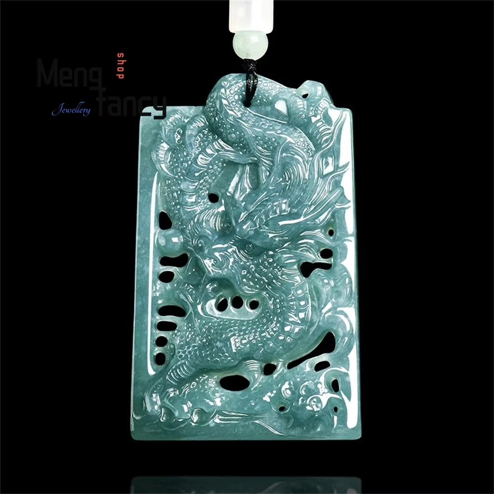 Genuine Natural A-grade Jadeite Blue Water Hollowed-out Powerful Dragon Brand Zodiac Dragon Ice Seed Jade Pendant Exquisite Gift