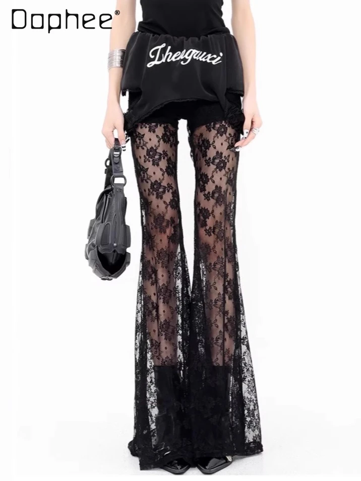 

Sexy Hollow Lace Splicing Casual Pants Women Thin Summer New American Street Hot Girl Embroidered Flared Pants Fashion Trousers