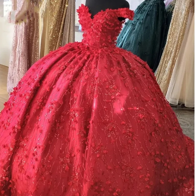 Customized Red Princess Girl Quinceanera Dresses For 15 16 Gir Birthay Party Off Shoulder 3D Flower Lace Up Women Prom Occasion