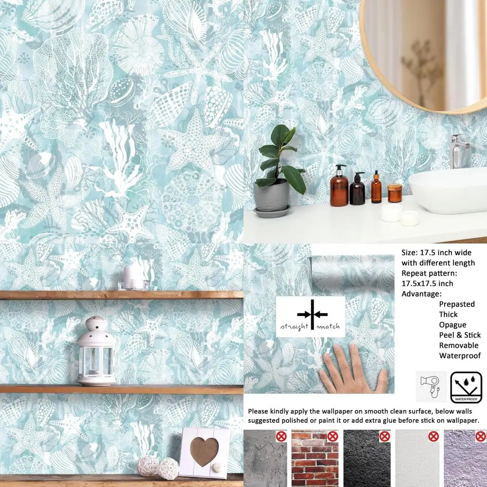 ورق جدران كوستالي أزرق وأبيض بتصميم صدف ونجمة وأسماك - جدار سهل اللصق وقشر بطابع المحيط المسبق