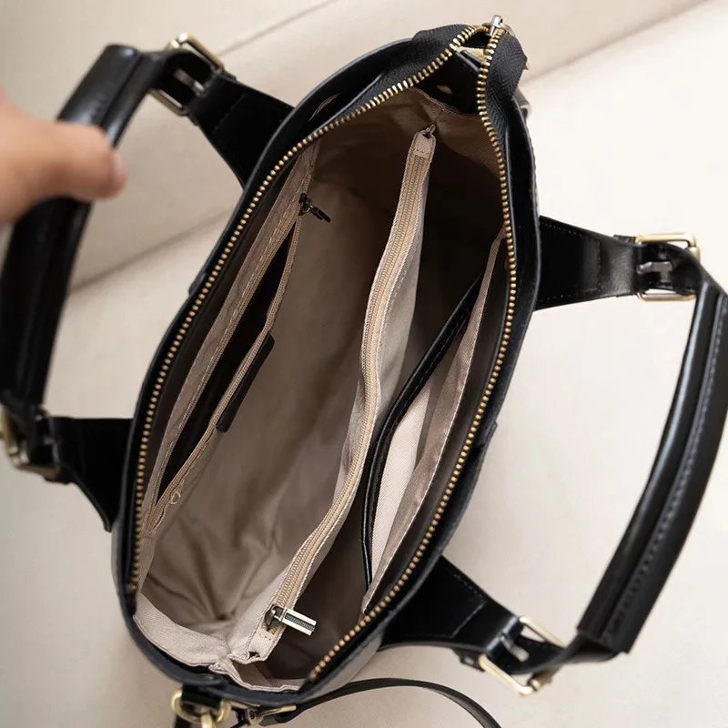 Zency 100% Genuine Leather Handbag Retro Coffee Women Casual Tote Bucket Bag Classic Black Lady Crossbody Messenger Purse Brown