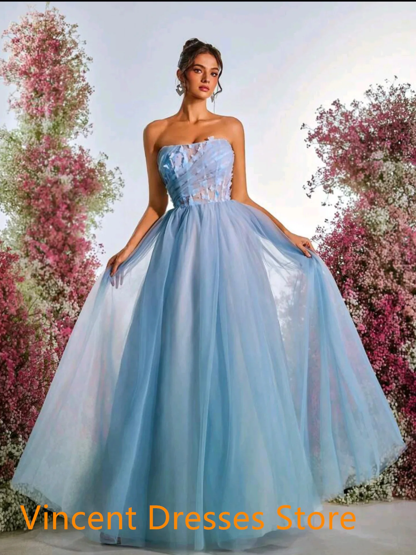 Maßgeschneiderte zarte blaue Tüll-Promi-Kleider, elegante trägerlose Applikationen, Kontrastfarbe, Schnürung am Rücken, Vestido De Noche