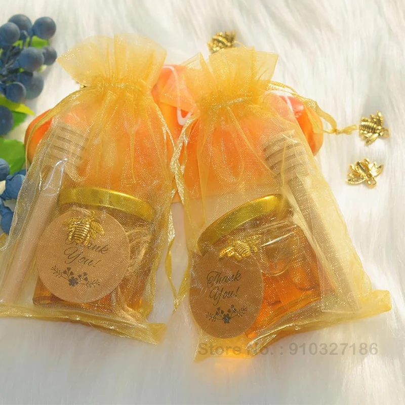 10/20Pcs Mini Honey Jars - Little Glass Honey Jar - Hexagonal Glass Honey Jars with Wooden Dippers, Bee Charms, Jutes and Gift