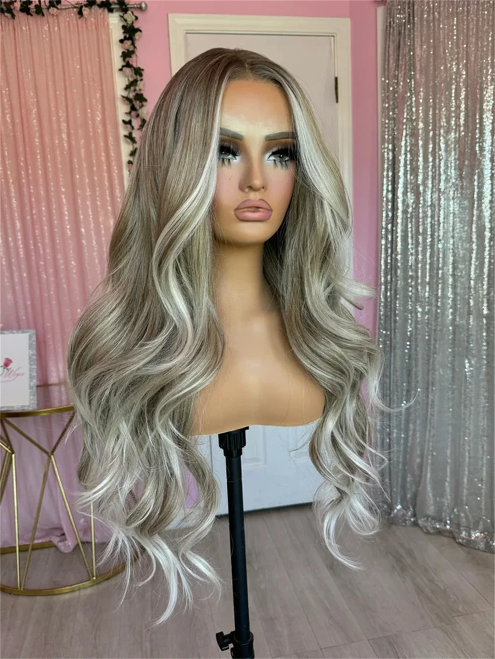 

Fashion Women Wig Ash Blonde Dark Highlights Synthetic Lace Front Wig Soft Futura Heat Resistant Fibre Long Wavy Wig Daily Party