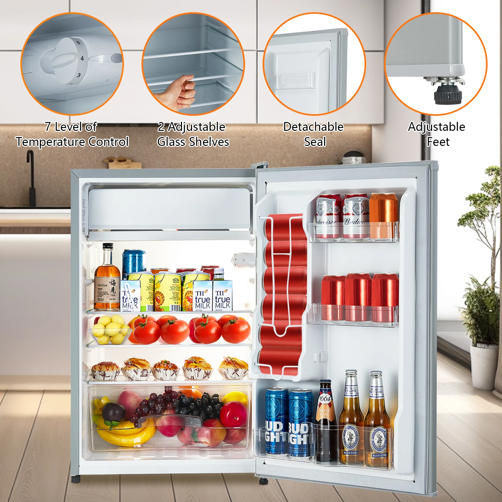 Mini refrigerador de porta única com freezer, 7 configurações de temperatura, geladeira compacta para apartamento, quarto, escritório, dormitório, 4,3 pés