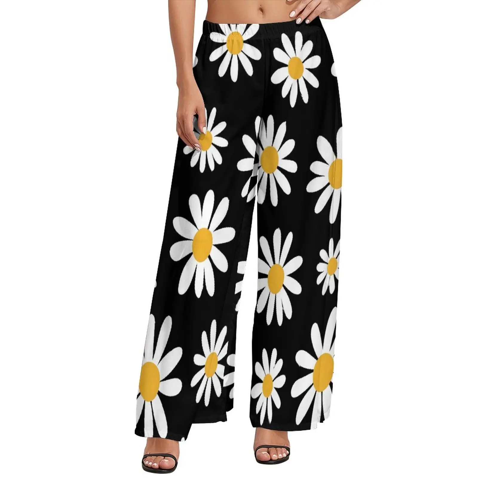 Retro Flower Pants Woman Spring Daisies Floral Street Wear Trousers Elastic Waist Kawaii Wide Pants Birthday Gift